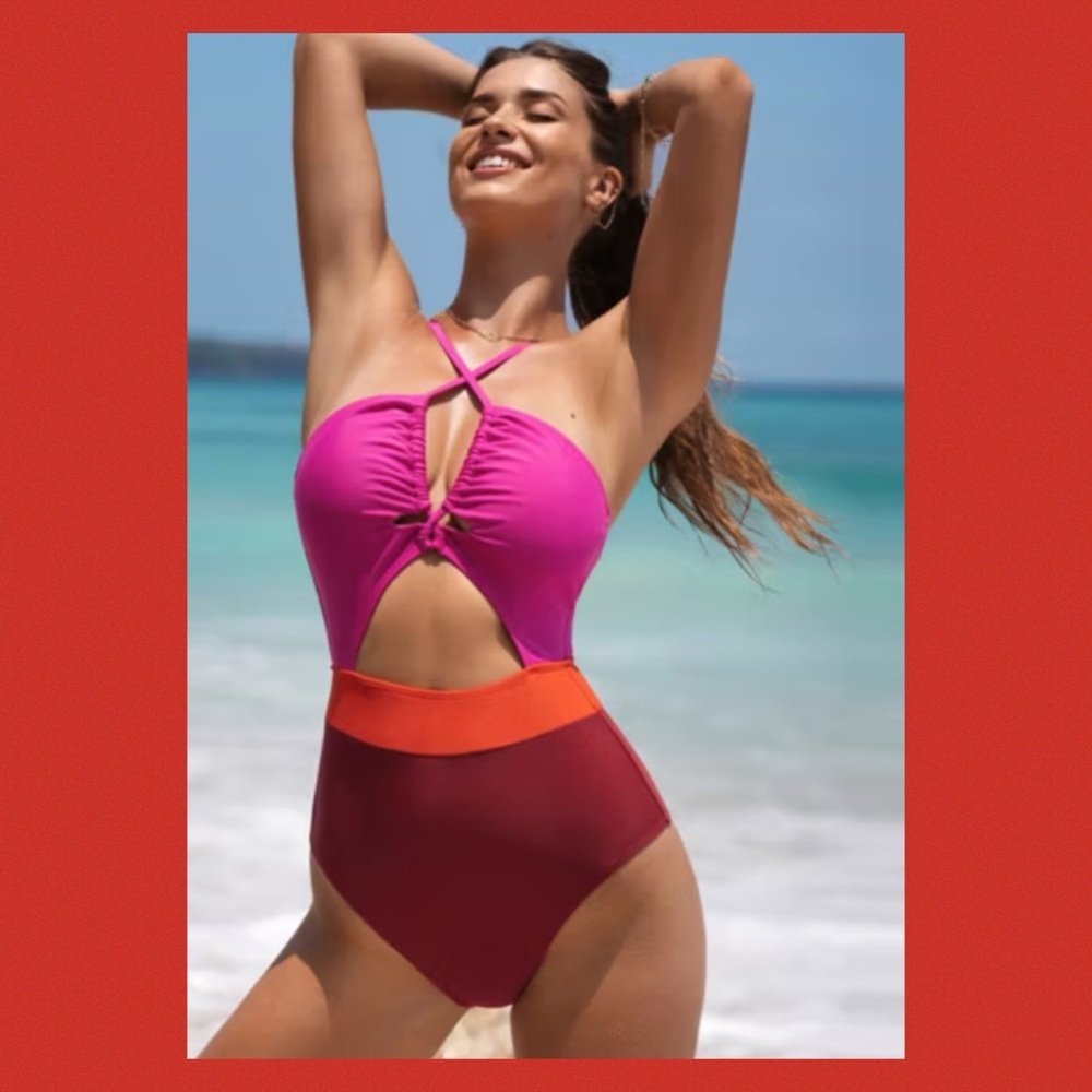 Pink with red bottoms one piece swimsuit. 4 - Picture 3 of 6